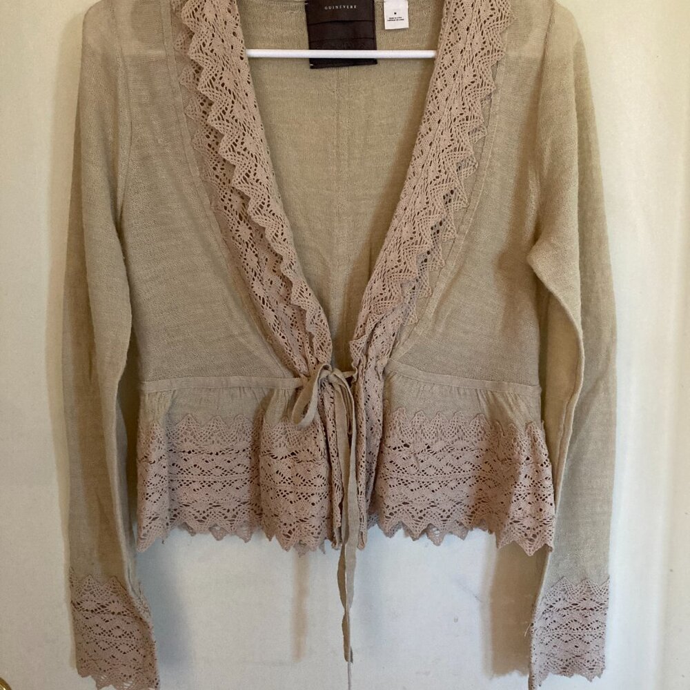 Vintage Anthropologie Crochet Cardigan, tie front, Beige MED